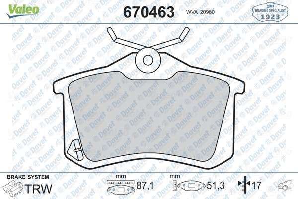 VALEO 670463 Arka Fren Balatasi Renault Megane Ii/Iii/Iv Hb/Fluence/Peugeot 207/307/308/Partner Ii/807/1007/Citroen C3/C4/Berlingo Ii/Ds3/C8/Vw Golf Iv/V/Bora/Passat (97>)/Polo/Audi A1/A3/A4/A6/A8/Seat Altea/Cordoba/Ibiza Iii/Iv/V